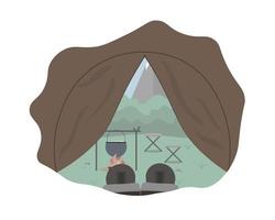 vista dall'interno della tenda da campeggio turistica nella foresta e montagne con stivali illustrazione vettoriale concetto di vacanza locale