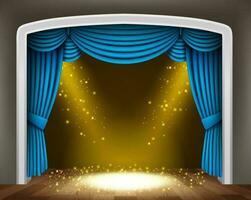 blu tenda di classico Teatro con oro faretti e scintille, vettore illustrazione