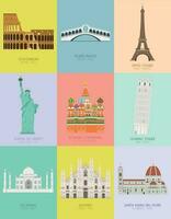 moderno design manifesto con colorato sfondo di nove importante monumenti di il mondo vettore illustrazione