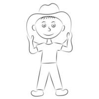 schizzo ritratto di un' cartone animato ragazzo nel un' grande cappello, quale lui detiene con il suo mani, isolato su bianca vettore