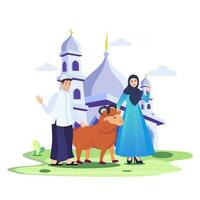 contento musulmano famiglia celebra eid al adha mubarak. piatto vettore modello illustrazione