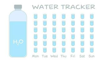 acqua inseguitore. acqua equilibrio calendario. acqua settimanalmente inseguitore. a partire dal Lunedi per domenica. idratazione sfida. piatto vettore illustrazione su un' bianca sfondo. potabile acqua lista di controllo con bottiglia e tazze.