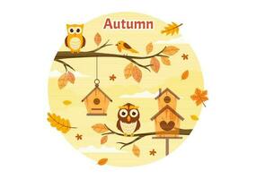autunno vettore illustrazione panoramico di montagne e acero alberi caduto con giallo fogliame nel piatto cartone animato mano disegnato atterraggio pagina modelli