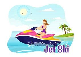 persone cavalcata Jet sciare vettore illustrazione estate vacanza ricreazione, estremo acqua gli sport e ricorrere spiaggia attività nel mano disegnato piatto cartone animato modello