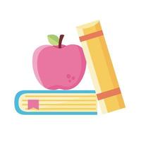 pila di libri di testo materiale scolastico e icona di stile piatto mela vettore