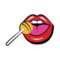 bocca pop art con icona di stile di riempimento lecca-lecca caramelle dolci vettore