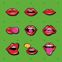 fascio di nove bocche e labbra impostare icone in sfondo verde