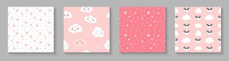 Modello senza cuciture di bambino carino con cuori e nuvole di panda per il design di carta e camicia vettore