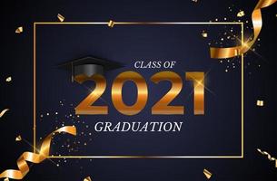 classe di laurea del 2021 con cappello da laurea, coriandoli e nastro dorato