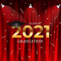 classe di laurea del 2021 con cappello da laurea, coriandoli e nastro dorato vettore