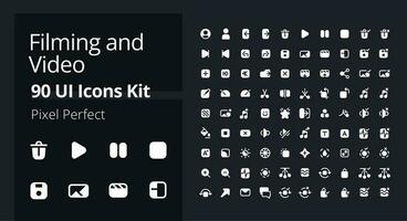 video produzione bianca pixel Perfetto solido ui icone pacchetto. regia Software. metraggio impostazioni. silhouette simboli per buio tema. glifo pittogrammi kit su nero sfondo. vettore isolato immagini