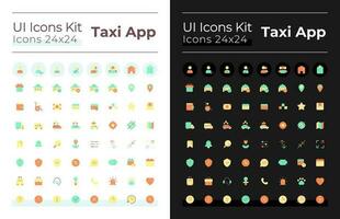 Taxi servizio piatto colore ui icone impostato per scuro, leggero modalità. ordinazione auto in linea. urbano trasporto. gui, UX design per mobile app. vettore isolato rgb pittogrammi