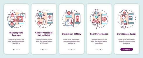 Telefono pirateria attacco onboarding mobile App schermo. digitale rischio Procedura dettagliata 5 passaggi modificabile grafico Istruzioni con lineare concetti. ui, ux, gui modello vettore