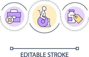 Disabilitato persone i problemi ciclo continuo concetto icona. infortunio causato disoccupazione. cronico malattia astratto idea magro linea illustrazione. isolato schema disegno. modificabile ictus vettore