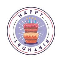 distintivo di buon compleanno in cornice rotonda con una deliziosa torta vettore