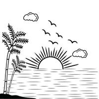 estate tramonto tropicale spiaggia linea arte vettore illustrazione, mano disegnato tramonto e Alba schema paesaggio tropicale spiaggia, palma albero con tramonto onde natura Visualizza, bambini disegno spiaggia colorazione pagine