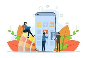 ui UX design concetto, mostrando persone creare costume design per mobile app, adatto per atterraggio pagina, ui, ragnatela, App intro carta, editoriale, aviatore e striscione, piatto vettore illustrazione.