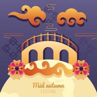 poster di lettering festival di metà autunno felice con castello e fiori vettore