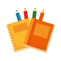 quaderni e matite colorate materiale scolastico icona di stile piatto vettore