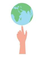 cartone animato umano mano Filatura il pianeta terra su il indice dito. vettore piatto isolato illustrazione puntamento un' dito a il globo.