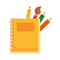 scuola notebook con matite colorate e icona di stile piatto pennello vettore