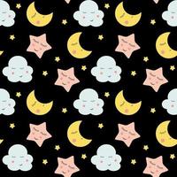 carino nuvole, stelle e lune seamless pattern di sfondo vettore