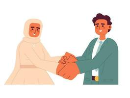 musulmano nozze coppia Tenere mani semi piatto colorato vettore personaggi. bridal hijab donna e sposo. modificabile metà corpo persone su bianca. semplice cartone animato individuare illustrazione per ragnatela grafico design