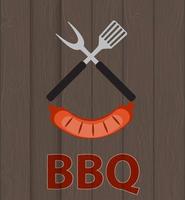 Icona di barbecue con strumenti grill e salsiccia su fondo in legno vettore