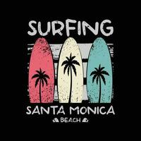 illustrazione fare surf e, Surf nel California, Santa monica spiaggia. tipografia, maglietta grafica, Stampa, manifesto, striscione, volantino, cartolina vettore