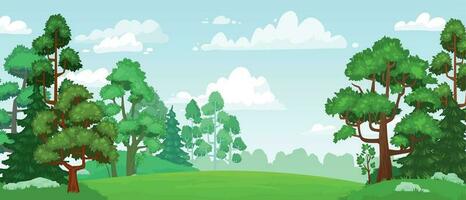 cartone animato foresta radura. verde pascolo, naturale fiorente foresta campo paesaggio e estate cielo con nuvole vettore sfondo illustrazione