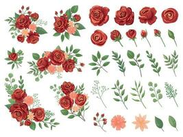 rosso floreale mazzo. Borgogna rosa fiore, Vintage ▾ Rose mazzi di fiori e primavera fiori vettore illustrazione impostato