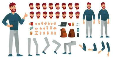 cartone animato maschio personaggio kit. uomo nel casuale vestiario, diverso mani, gambe pose e facciale emozione. personaggi costruttore vettore impostato