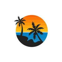 tramonti, spiaggia e palma albero. stile anni 80, e anni 90. astratto sfondo con un' soleggiato pendenza. sagome di palma alberi. vettore design modello per logo, distintivi. isolato bianca sfondo.