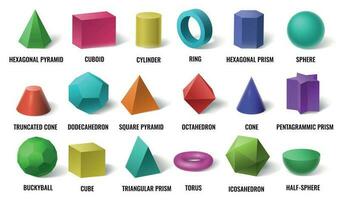 realistico 3d colore di base forme. solido colorato geometrico le forme, cilindro e colorato cubo forma vettore illustrazione impostato