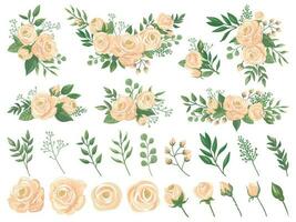 floreale mazzo. rosa fiori, giardinaggio Rose mazzi di fiori e pastello colori fiore mini cuffie con petali cartone animato vettore illustrazione impostato
