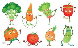 cartone animato verdure fitness. verdura personaggi allenamento, salutare yoga esercizi cibo e sport verdure vettore illustrazione impostato