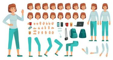 cartone animato femmina personaggio kit. città nel casuale capi di abbigliamento donna creazione costruttore, diverso mani, gambe e corpo pose vettore impostato