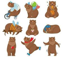 cartone animato orsi. contento orso, grizzly mangia miele e Marrone orso personaggio nel divertente pose isolato vettore illustrazione