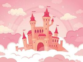 cartone animato castello nel rosa nuvole. Magia terra, fiaba nube e favoloso cielo. Fata castello per poco Principessa vettore illustrazione