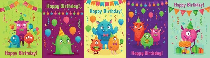 mostro compleanno saluto carta. mostri con contento compleanno i regali, bambini festa invito e amichevole mostro cartone animato vettore impostato