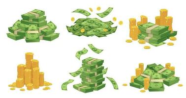 cartone animato i soldi e monete. verde dollaro banconote mucchio, d'oro moneta e ricco vettore illustrazione impostato
