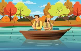 coppia pesca insieme in un lago vettore