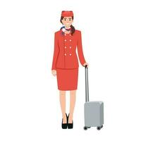 giovane hostess con valigia. giovane amichevole aria hostess nel rosso uniforme vettore
