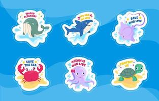 set di adesivi per la giornata mondiale dell'oceano degli animali marini del fumetto