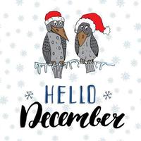 stagione invernale lettering citazione ciao dicembre disegnati a mano doodle uccelli sul ramo di un albero congelato nell'illustrazione tradizionale di vettore dei cappelli rossi