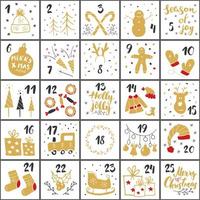 calendario dell'avvento di natale. elementi e numeri disegnati a mano. carte del calendario di vacanze invernali scenografia, illustrazione vettoriale