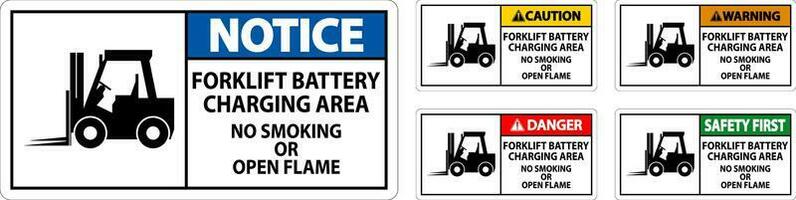 Pericolo cartello carrello elevatore a forca batteria ricarica la zona, no fumo o Aperto fiamma vettore