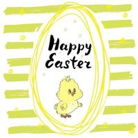 cartolina d'auguri disegnata a mano di buona Pasqua con scritte e elementi scarabocchi abbozzati pollo carino a forma di uovo di Pasqua su sfondo colorato vettore