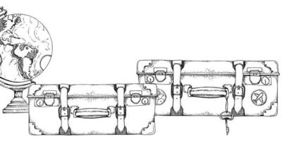 inchiostro mano disegnato vettore schizzo. illustrazione con impostato di retrò Vintage ▾ vecchio valigie con adesivi bagaglio Bagaglio e globo. design per turismo, viaggiare, opuscolo, nozze, guida, Stampa, carta tatuaggio.