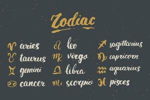 segni zodiacali e scritte. simboli di astrologia oroscopo disegnati a mano, design strutturato grunge, stampa tipografica, illustrazione vettoriale